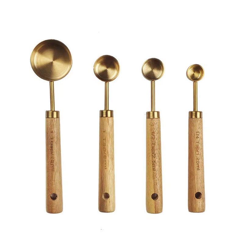 4/8Pcs Wooden Gold Measuring Cups and Spoons Stainless Steel Food Coffee Flour Scoop Kitchen Scale Baking Cooking Gadget Sets