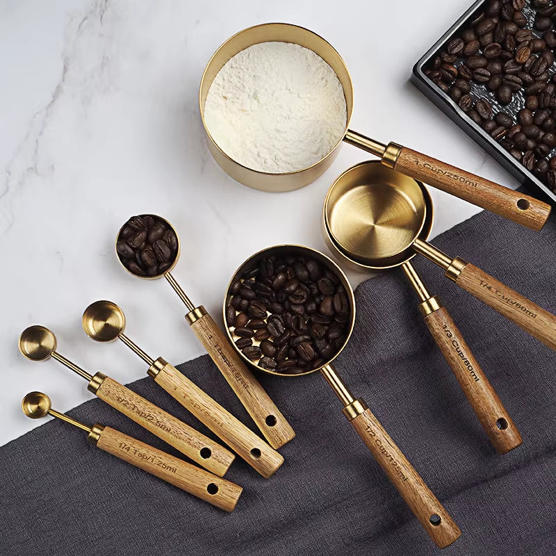4/8Pcs Wooden Gold Measuring Cups and Spoons Stainless Steel Food Coffee Flour Scoop Kitchen Scale Baking Cooking Gadget Sets