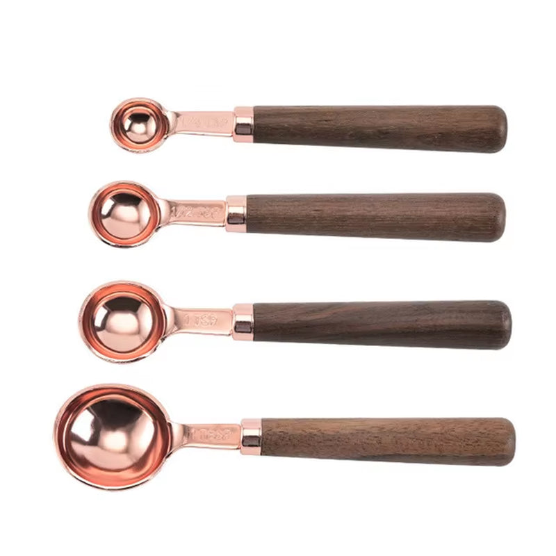 4/8Pcs Wooden Gold Measuring Cups and Spoons Stainless Steel Food Coffee Flour Scoop Kitchen Scale Baking Cooking Gadget Sets