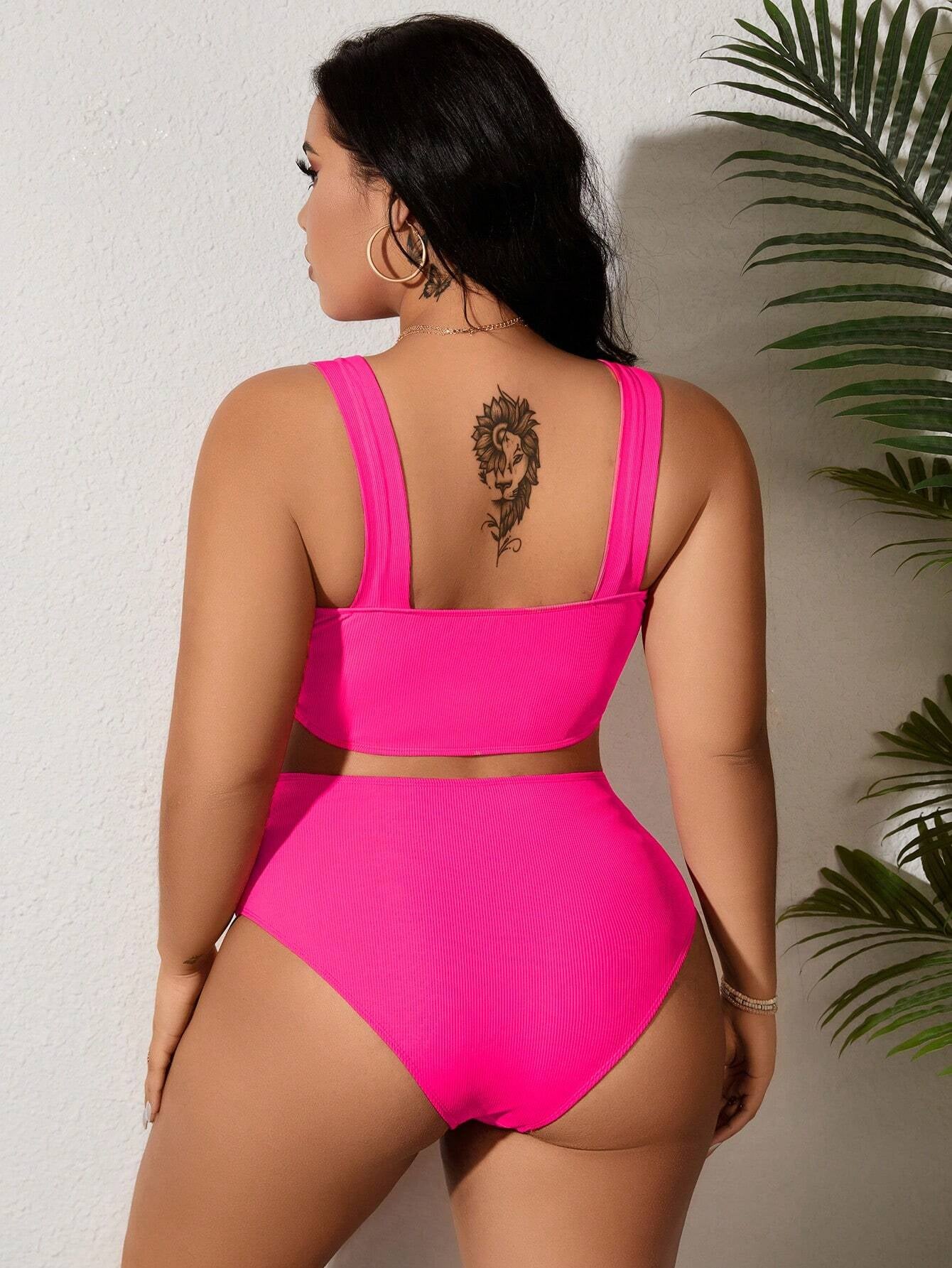 Swim Lushoire Summer Beach plus Size Women'S Front Knot Wide Strap Bikini Set