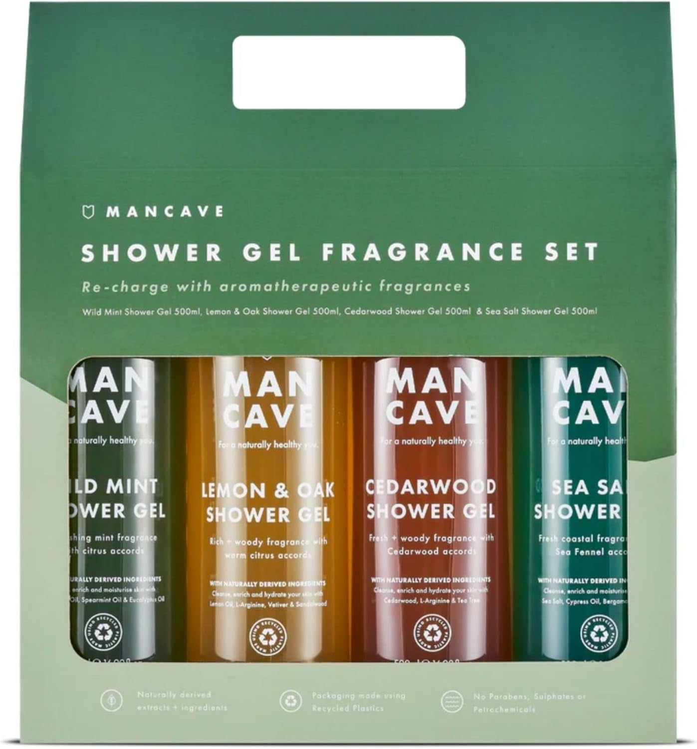 Coffret Cadeau Hommes - Lot Gel Douche, Idée Cadeau Hommes Gels Douche Naturels Sans Sulfate 4 X 500 Ml - Menthe, Citron Et Chêne, Bois De Cèdre Et Sel De Mer, Vegan, Fabriqué En Angleterre