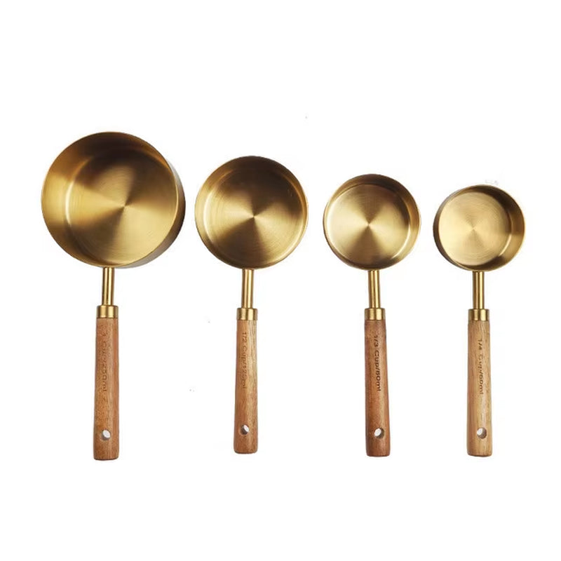 4/8Pcs Wooden Gold Measuring Cups and Spoons Stainless Steel Food Coffee Flour Scoop Kitchen Scale Baking Cooking Gadget Sets