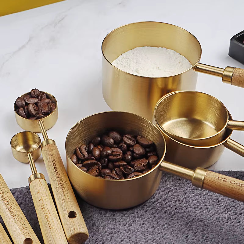 4/8Pcs Wooden Gold Measuring Cups and Spoons Stainless Steel Food Coffee Flour Scoop Kitchen Scale Baking Cooking Gadget Sets