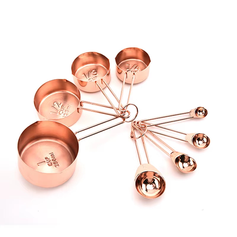 4/8Pcs Wooden Gold Measuring Cups and Spoons Stainless Steel Food Coffee Flour Scoop Kitchen Scale Baking Cooking Gadget Sets