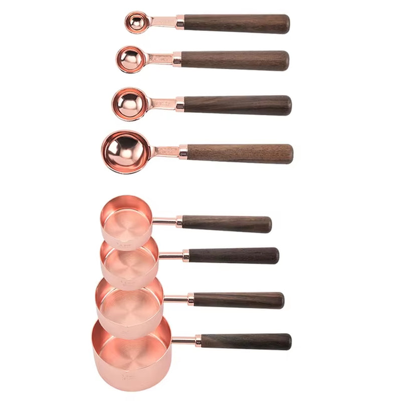 4/8Pcs Wooden Gold Measuring Cups and Spoons Stainless Steel Food Coffee Flour Scoop Kitchen Scale Baking Cooking Gadget Sets