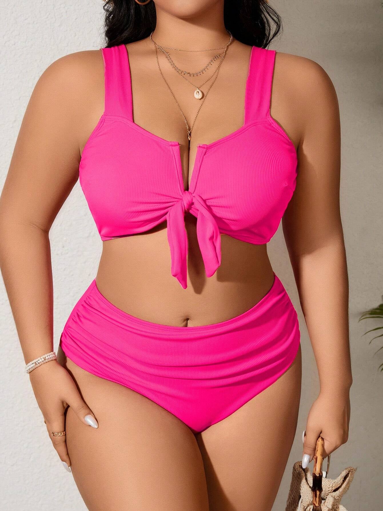 Swim Lushoire Summer Beach plus Size Women'S Front Knot Wide Strap Bikini Set