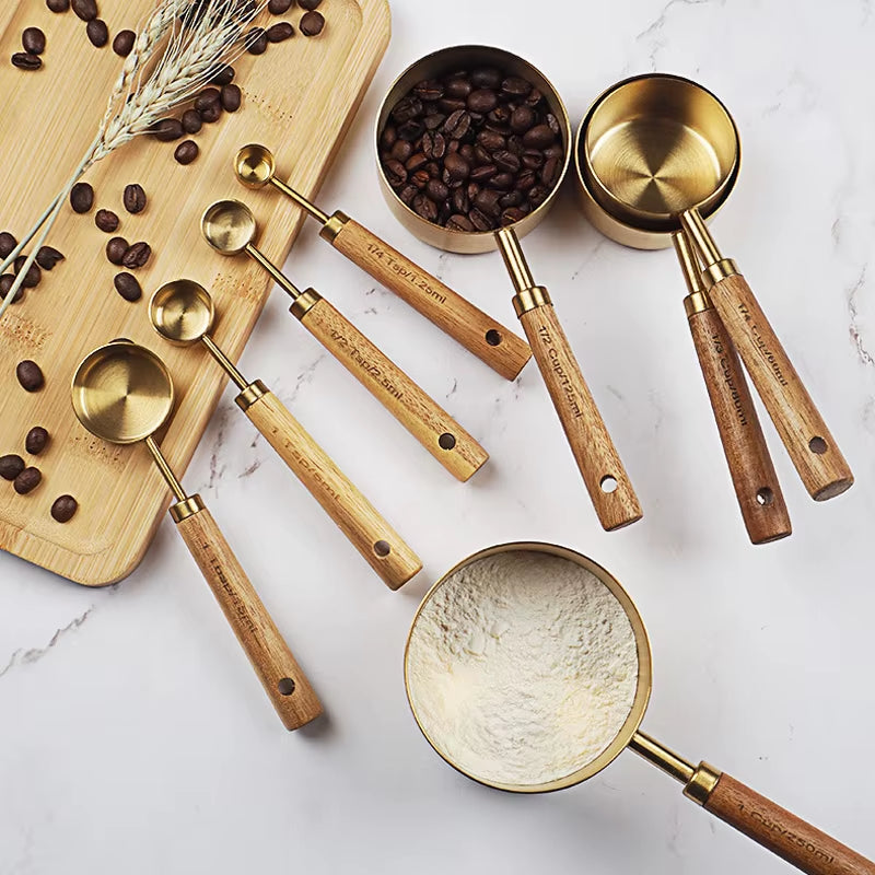4/8Pcs Wooden Gold Measuring Cups and Spoons Stainless Steel Food Coffee Flour Scoop Kitchen Scale Baking Cooking Gadget Sets