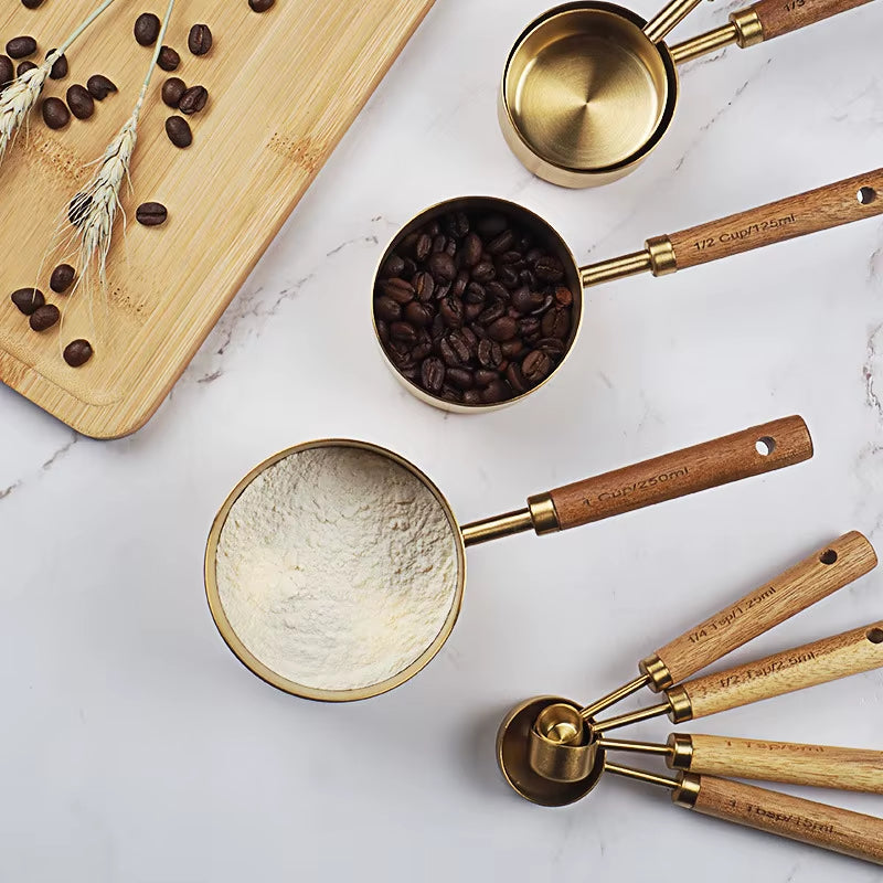 4/8Pcs Wooden Gold Measuring Cups and Spoons Stainless Steel Food Coffee Flour Scoop Kitchen Scale Baking Cooking Gadget Sets