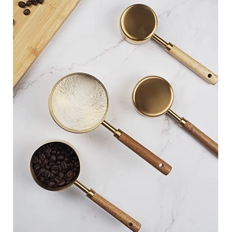 4/8Pcs Wooden Gold Measuring Cups and Spoons Stainless Steel Food Coffee Flour Scoop Kitchen Scale Baking Cooking Gadget Sets