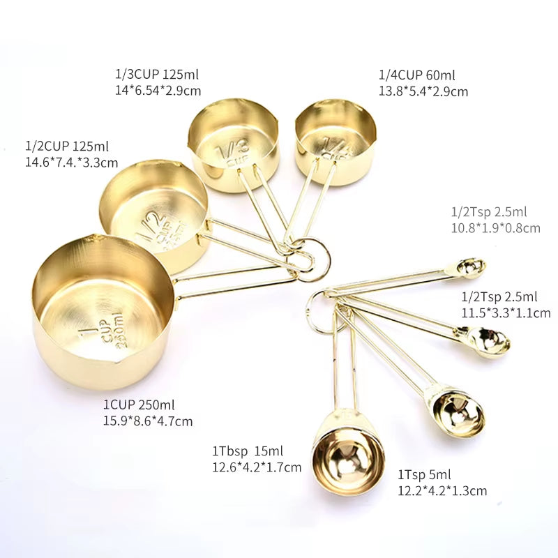 4/8Pcs Wooden Gold Measuring Cups and Spoons Stainless Steel Food Coffee Flour Scoop Kitchen Scale Baking Cooking Gadget Sets