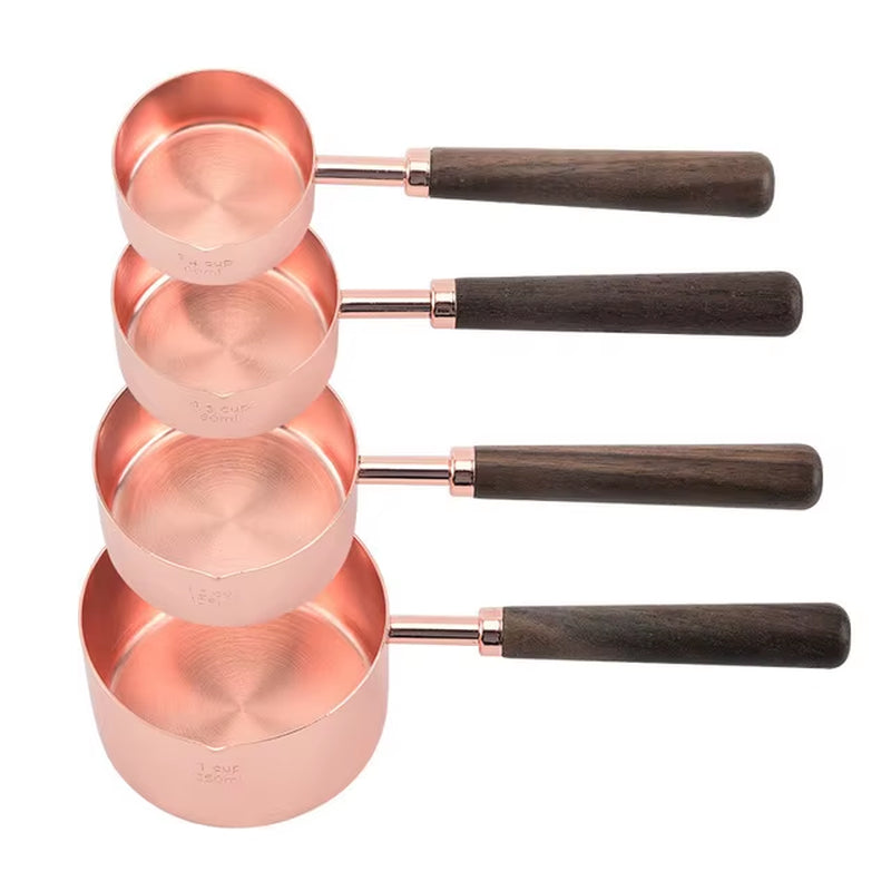 4/8Pcs Wooden Gold Measuring Cups and Spoons Stainless Steel Food Coffee Flour Scoop Kitchen Scale Baking Cooking Gadget Sets