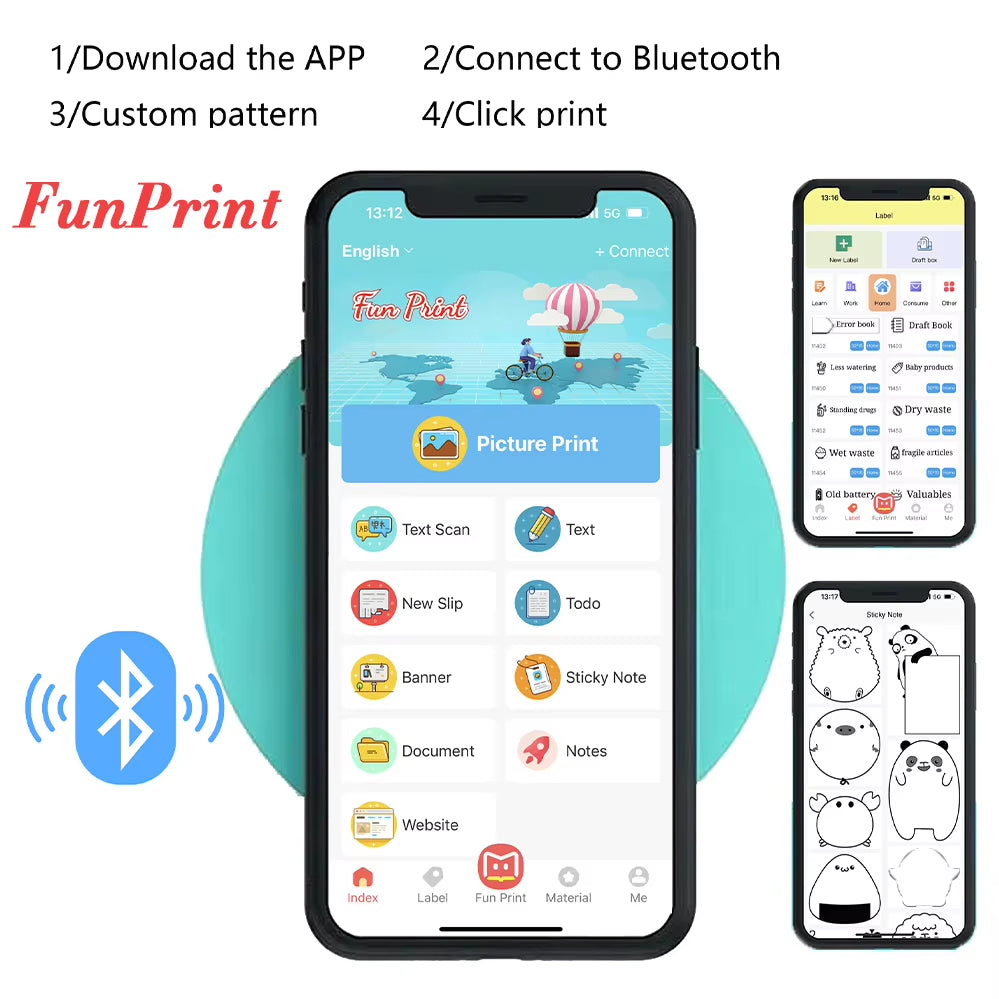 Portable Mini Label Printer Photo Thermal Adhesive Labels Printers Inkless Bluetooth Pocket Mini Printer Stickers Maker 57MM