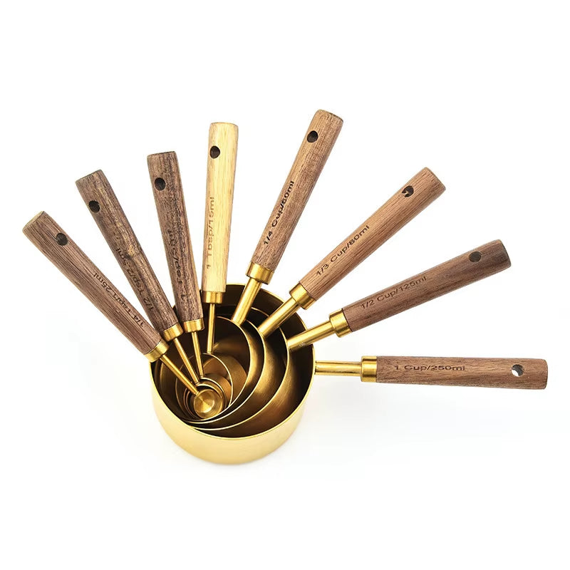 4/8Pcs Wooden Gold Measuring Cups and Spoons Stainless Steel Food Coffee Flour Scoop Kitchen Scale Baking Cooking Gadget Sets