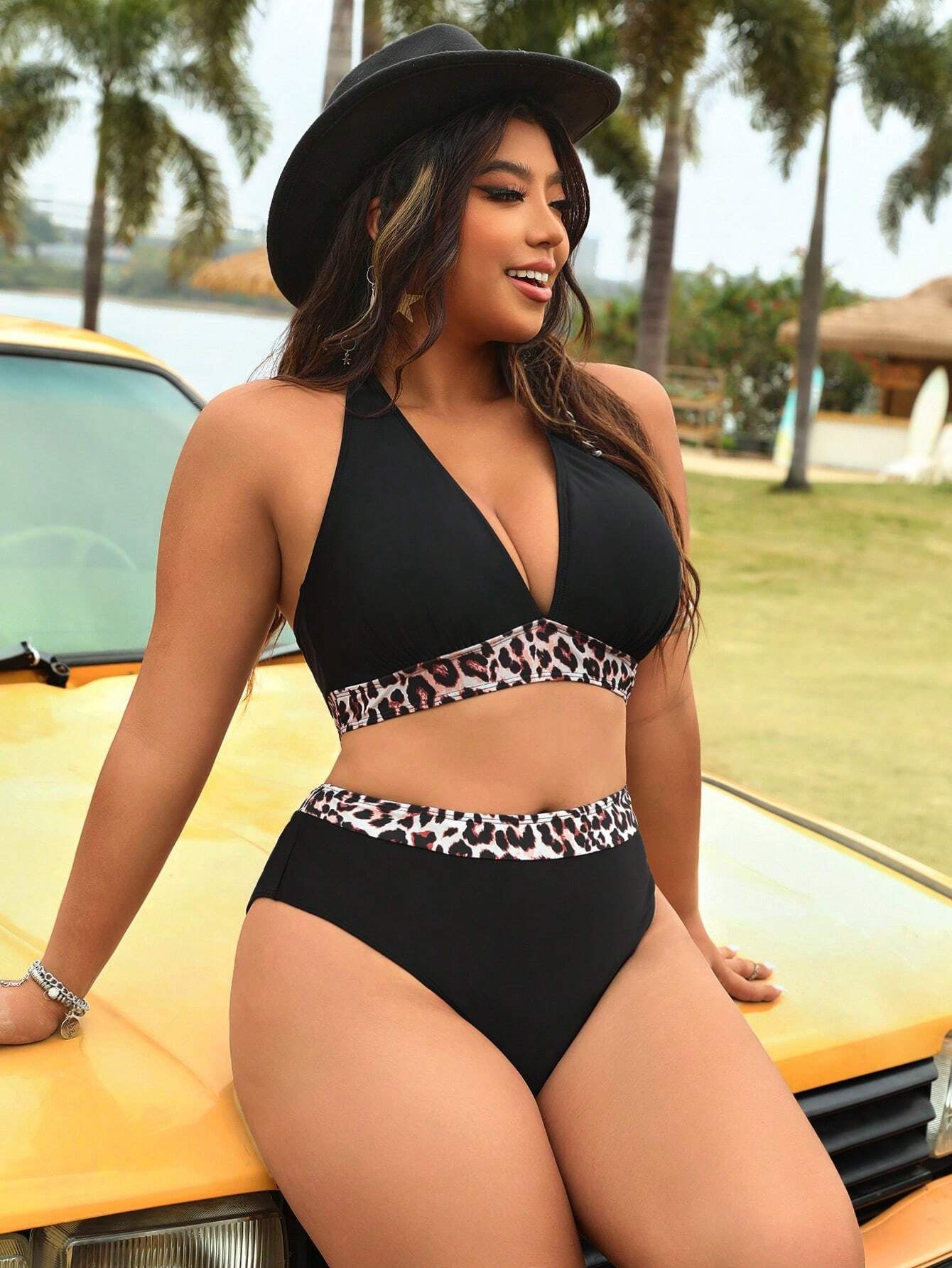 Swim Vcay 2025 plus Size Women Leopard Print Halter Tie Front Sexy Bikini Set for Beach Vacation Summer
