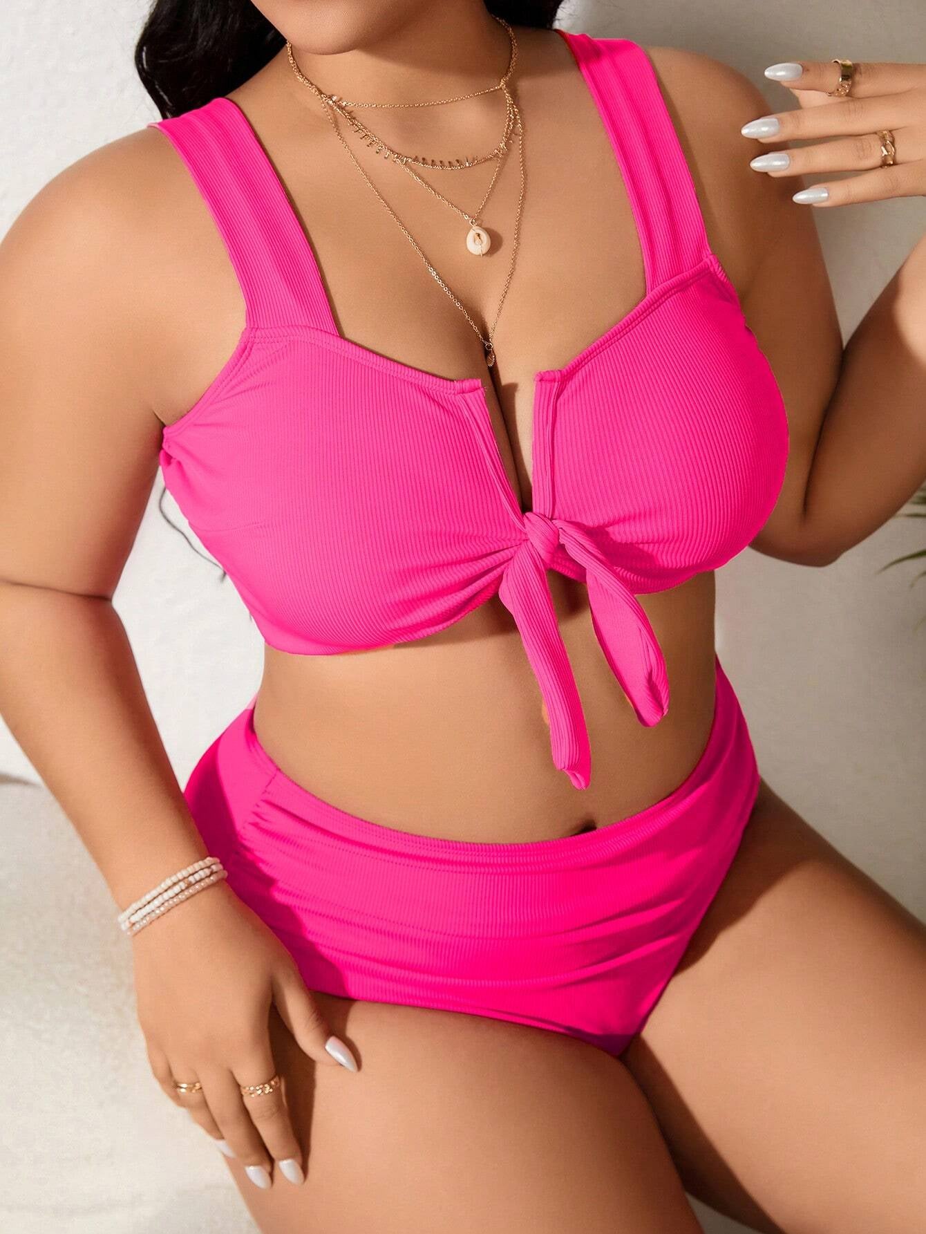 Swim Lushoire Summer Beach plus Size Women'S Front Knot Wide Strap Bikini Set