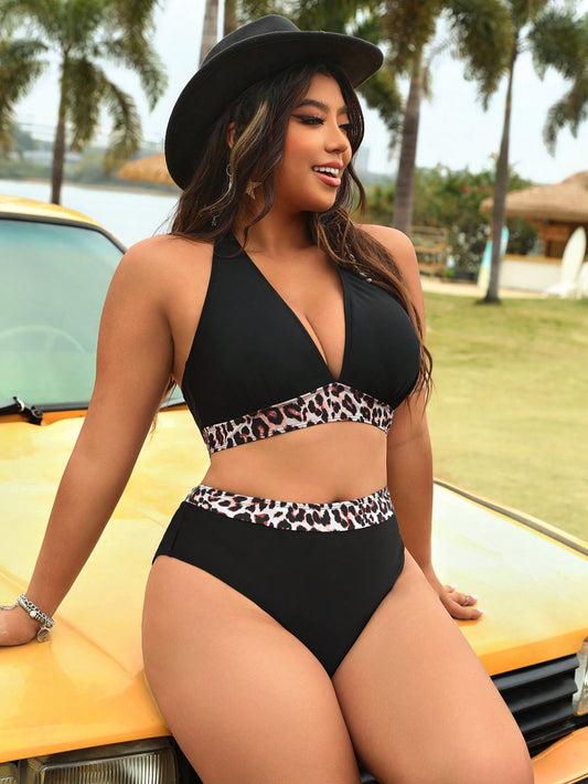 Swim Vcay 2025 plus Size Women Leopard Print Halter Tie Front Sexy Bikini Set for Beach Vacation Summer