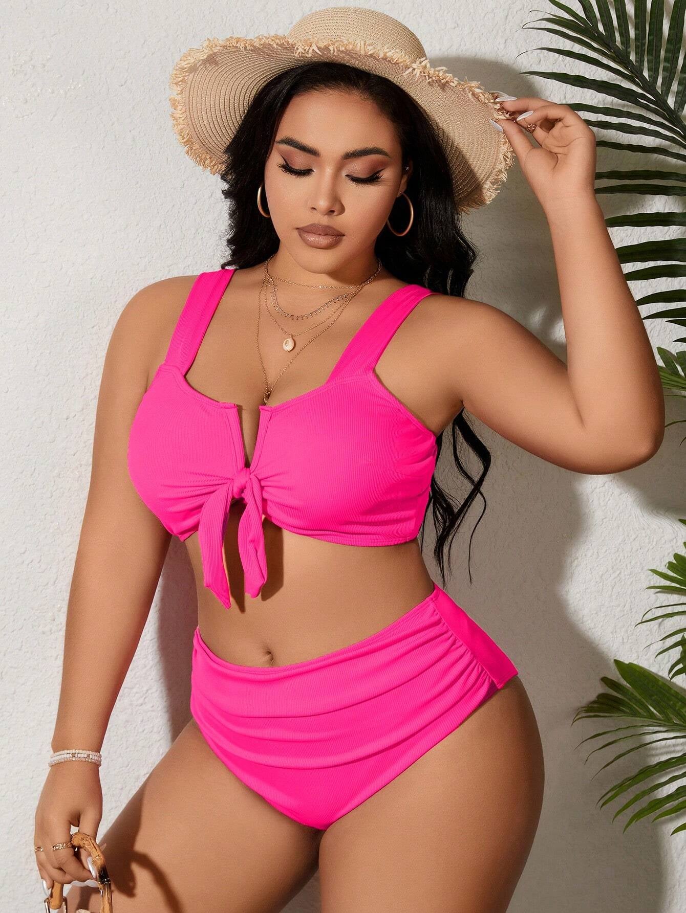 Swim Lushoire Summer Beach plus Size Women'S Front Knot Wide Strap Bikini Set